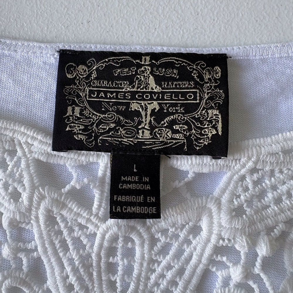Anthro James Coviello Large Short Sleeve Crochet Round Neck Linen White Tee Soft - Picture 2 of 8